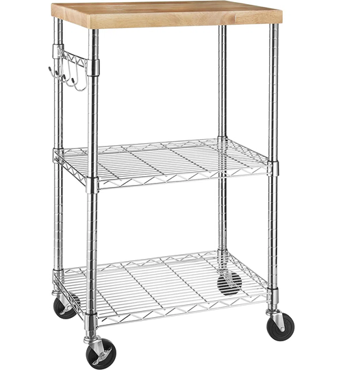 3-Tier Microwave Cart On Wheels With Removable Wood Top And Height-Adjustable Chrome Shelves With 175 Pound ,79.5Kg Weight Capacity, Wood,Chrome