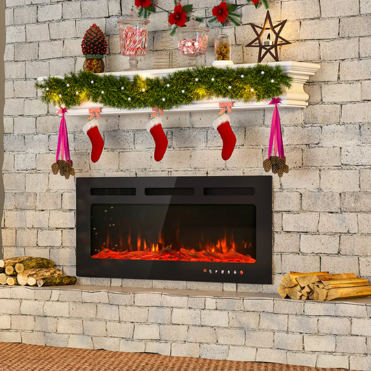 Ultra-Thin Electric Fireplace Low Noise, Touch Screen & Remote Control, With Crystal & Log Set