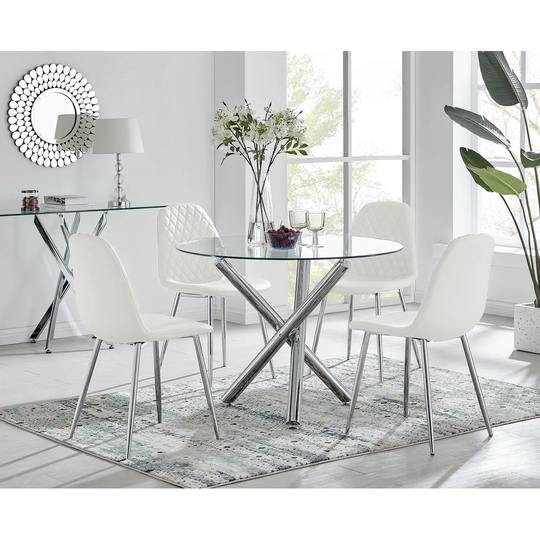 Chowchilla Round Dining Table And 4 White Silver Leg Chairs