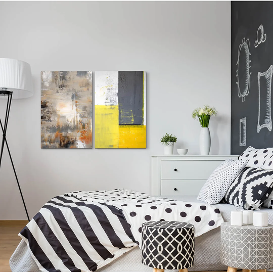 Abstract Structure Spatula Technique Yellow Modern Chaotic - 2 Piece Wrapped Canvas Graphic Art Print Set