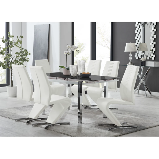 Enna Black Glass Extending Dining Table And 6 White Willow Chairs