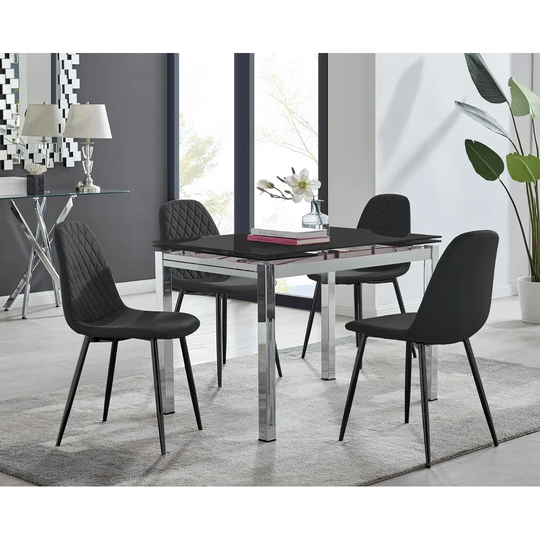Enna Black Glass Extending Dining Table And 4 Black Corona Black Leg Chairs