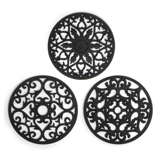 Silicone Trivets Set of 3 Black Hot Pan Stands for Worktops & Saucepans Pukkr