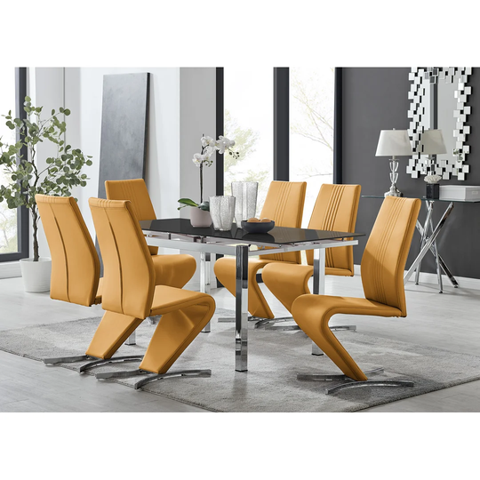 Enna Black Glass Extending Dining Table And 6 Mustard Willow Chairs
