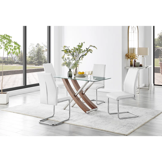 Mayfair Glass & Brown Wood Effect Dining Table & 4 White Lorenzo Chairs