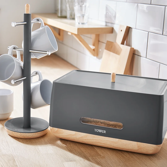 Tower T826030G Bread Bin, Scandi Range, Robust Plastic Body, Anti Slip Base, Matte with Wood Effect Accents, Grey
