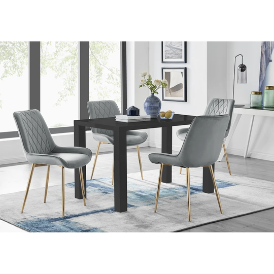 Pivero 4 Black Dining Table And 4 Grey Pesaro Gold Leg Chairs