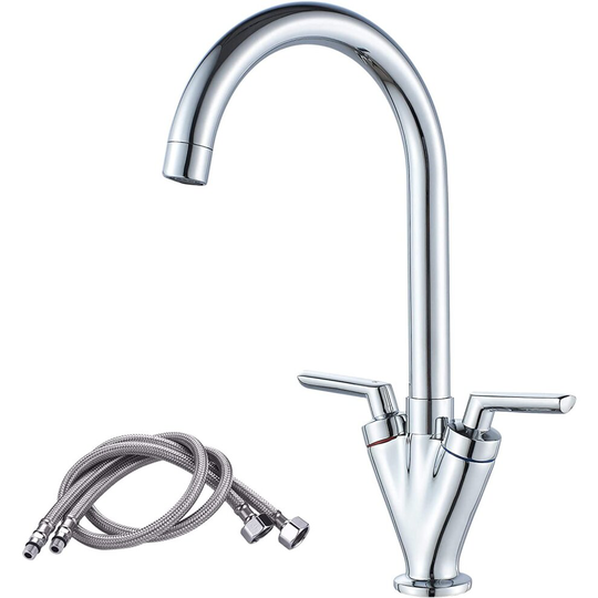Kitchen Mixer Taps Modern Dual Lever Kitchen Sink Taps with Swivel Spout and Hoses
