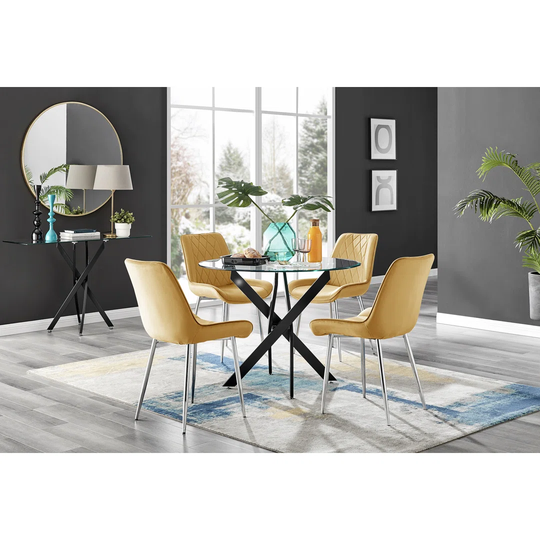 Novara Black Leg Round Glass Dining Table & 4 Mustard Pesaro Silver Leg Chairs