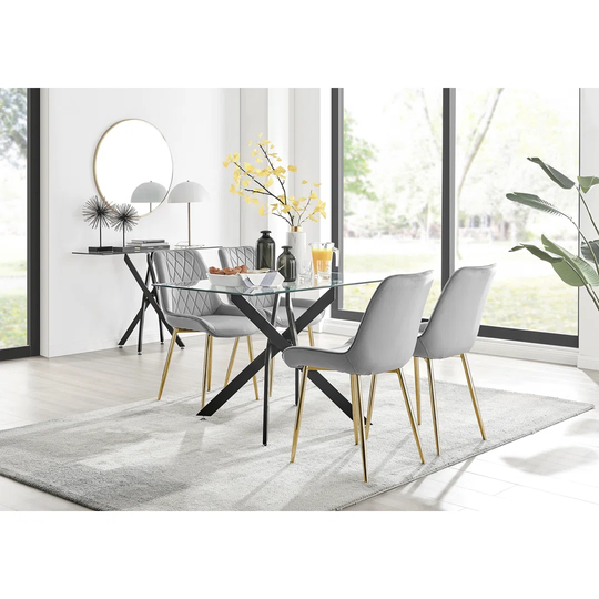 Leonardo Black Leg Glass Dining Table & 4 Grey Pesaro Gold Leg Chairs