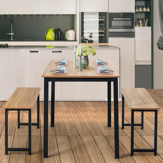 3Pcs Dining Table Set Dining Table&2 Benches For 2-4 Persons