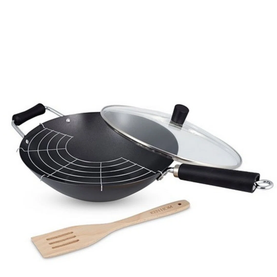 4 Piece 31cm Non-Stick Carbon Steel Wok with Lid