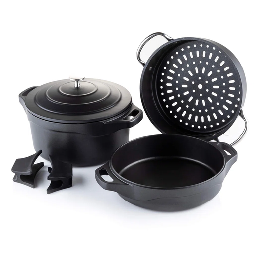 Cast Aluminium Casserole Dish Stockpot Set - Induction Safe With Self-Basting Lid - Comes With Shallow Casserole Dish And Steamer Insert - Suitable On