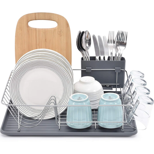 Dish Drainer With Drip Tray,Dish Rack With Large Capacity,Dish Drying Rack With External Cutlery Holder,Removable Draining Board,Cup Holder,Compact Ki