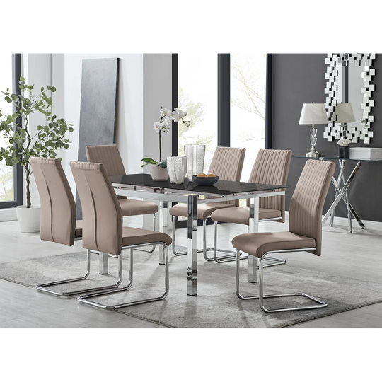 Enna Black Glass Extending Dining Table And 6 Cappuccino Lorenzo Chairs