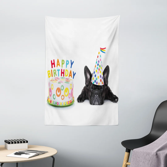 Sleepy French Bulldog Cupcake Candles Cone Hat Celebration Themed Image Wall Hanging