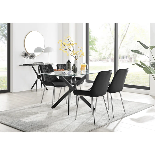 Leonardo Black Leg Glass Dining Table & 4 Black Pesaro Silver Leg Chairs