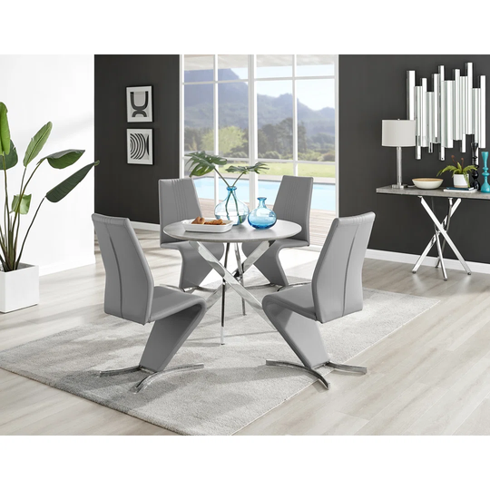 Novara Grey Concrete Effect Round Dining Table & 4 Grey Willow Chairs