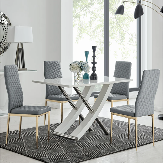 Chowchilla 4 Dining Table And 4 Grey Gold Leg Chairs