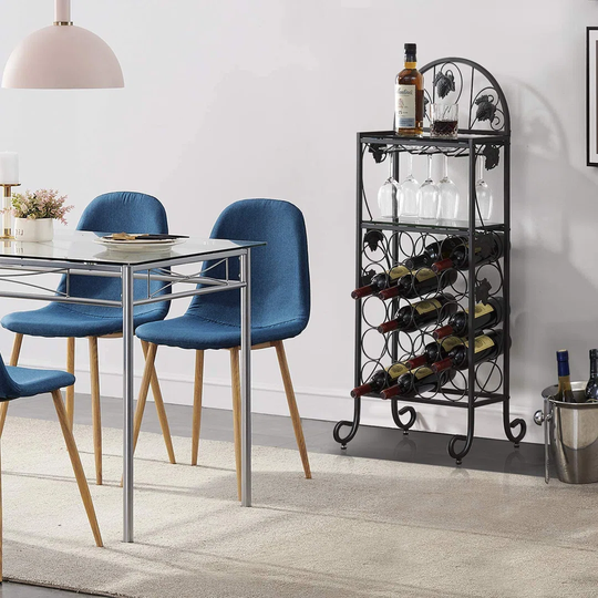 Metal Wine Rack Table With Glass Table Top, Freestanding Floor Bottles Bar Storage & Display Holder, Hold 20-Bottles, Black