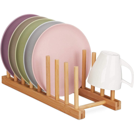Bamboo Disk Rack Bamboo Plate Holder Drying Rack Oblong and Modern Dish Drainer for Plates Lids and Cutting Boards 8 Slots Natural Glass Cup Mug Kitch