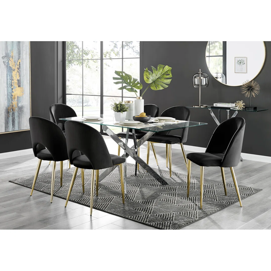 Leonardo Glass And Chrome Dining Table & 6 Black Arlon Gold Leg Chairs