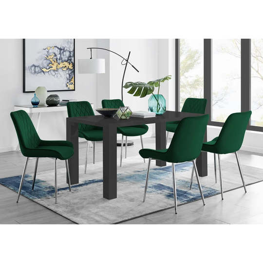 Pivero 6 Black Dining Table And 6 Green Pesaro Silver Leg Chairs