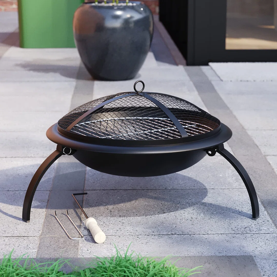 Fire Pit Steel Folding Outdoor Garden Patio Heater Grill Camping Bowl BBQ With Poker, Grill, Mesh Lid, Grate