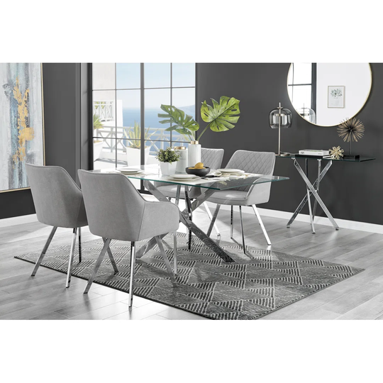 Leonardo Glass And Chrome Dining Table & 4 Light Grey Falun Silver Leg Chairs