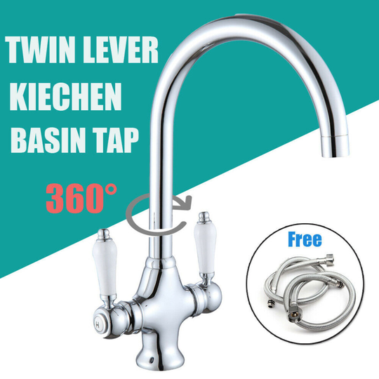 Swivel spout Twin Lever Kitchen Sink Mixer Taps Chrome Monobloc Basin Sink Tap