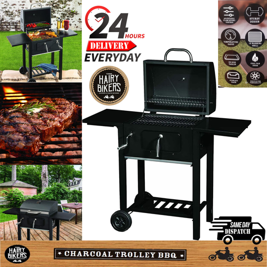 HAIRY BIKERS CHARCOAL BBQ TROLLEY WITH WARMING RACK AND TWO WAY FOLDABLE SHELVES