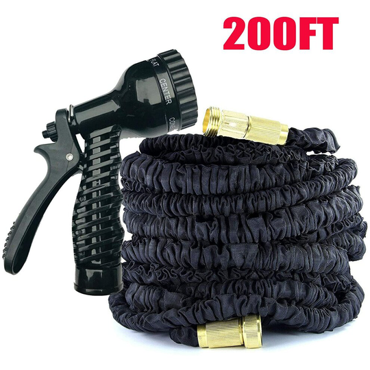 (Black) 200FT Expanding Flexible Garden Hose Pipe Fiiting for 1/2" & 3/4" Faucet, 3X Expanding + 7 Setting Spray Gun for Car Washing, Pet Showering, W