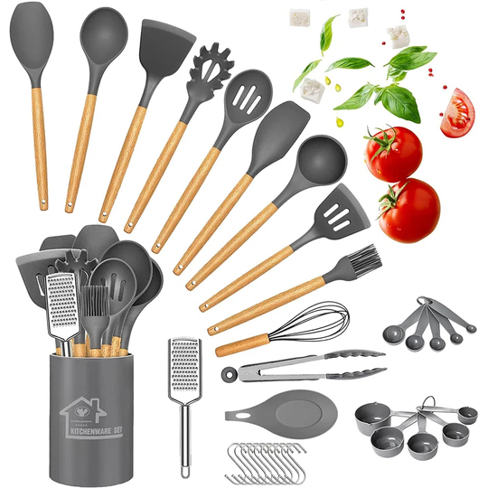 Cooking Utensils Set,Raincol 34 Pieces Kitchen Utensils Spatula Set With Holder,Wooden Handles,Non-Stick,Grater For Cookware (Black)