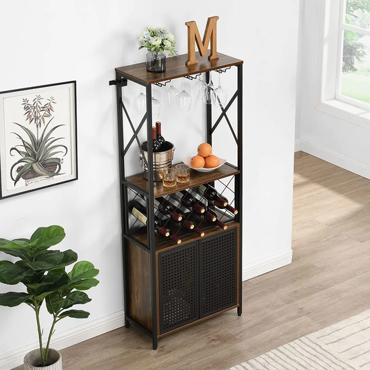 Wine Bar Cabinet Furniture, Freestanding Wine Bakers Rack With Glass Holder And Storage Cabinet, Multifunctional Liquor Cabinet For Kitchen And Dining