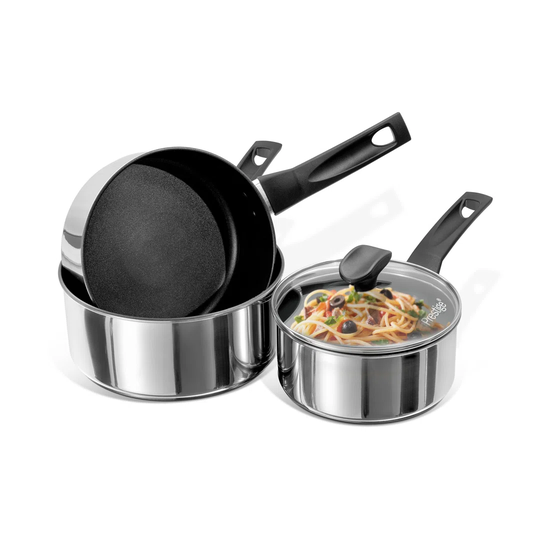 Prestige - 9X Tougher - 3 Piece Saucepan Set - Ultra Durable Stainless Steel - Non-Stick - Induction Suitable - Dishwasher And Oven Safe - Glass Lids