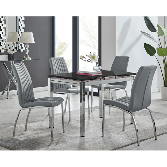 Enna Black Glass Extending Dining Table And 4 Grey Isco Chairs
