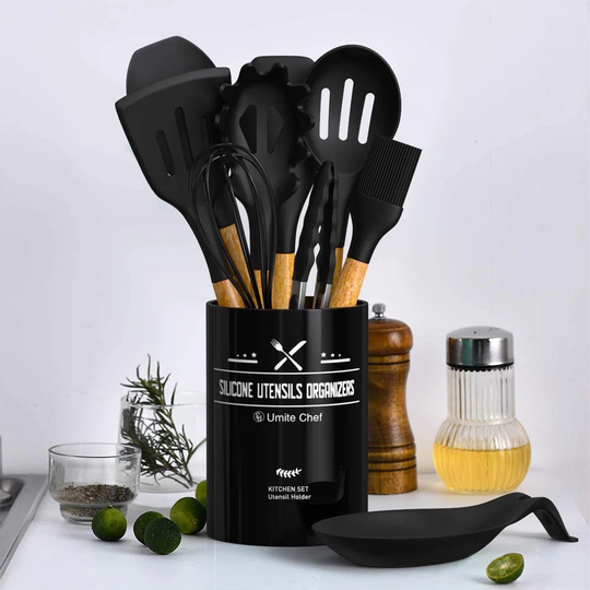 Chef Kitchen Cooking Utensils Set, 24 Pcs Non-Stick Silicone Cooking Kitchen Utensils Spatula Set With Holder, Wooden Handle Heat Resistant Silicone K