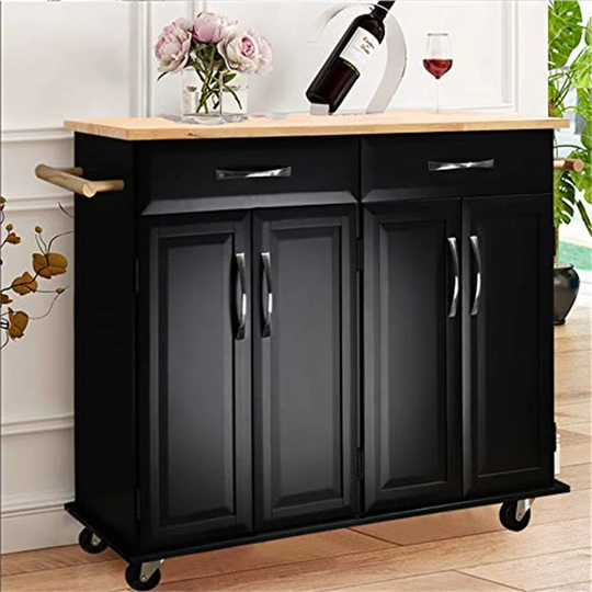 Kitchen Trolley Cart With 2 Storage Cabient, Beautiful Countertop, 360°Casters, 4 Pcs Shelves And 2 Drawers Heavy Duty Portable Food Cart W123 X D47x