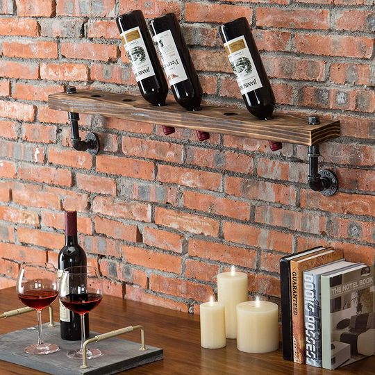 6-Bottle Wall Mounted Rustic Wood & Pipe Metal Wine Rack