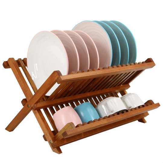 Teak Dish Drainer Rack Collapsible 2 Tier Dish Rack Dish Drying Rack Plate Holder For Kitchen Compact Foldable