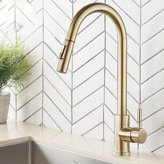 Brushed Gold Kitchen Faucet Pull Out Stainless Steel Kitchen Sink Water Tap Single Handle Mixer Tap 360 Rotation Kitchen Shower Faucet