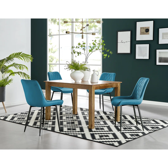Anders Honey Solid Wood Dining Table & 4 Blue Pesaro Black Leg Chairs
