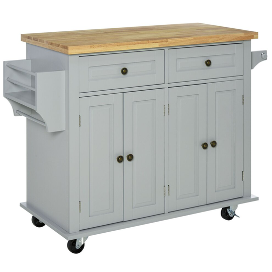 HOMCOM Rolling Kitchen Island Cart with Rubber Wood Top, Spices