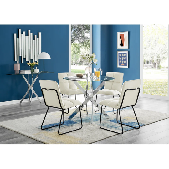 Novara 120Cm Round Glass Dining Table & 4 Cream Menen Chairs