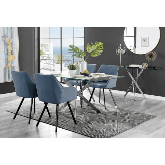 Leonardo Glass And Chrome Dining Table & 4 Blue Falun Black Leg Chairs