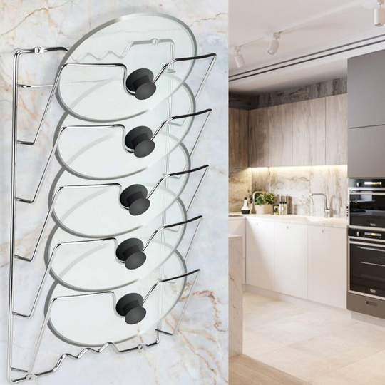 5 Tier Metal Pan Pot Lid Storage Rack Holder Wall Mount Shelf Kitchen Organizer