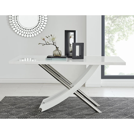 Mayfair Large 6 Person White High Gloss And Stainless Steel Dining Table