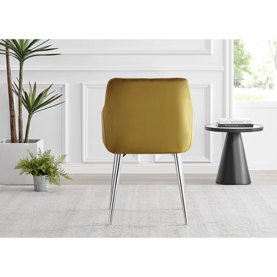 Novara Round Glass Dining Table & 4 Mustard Calla Silver Leg Velvet Chairs