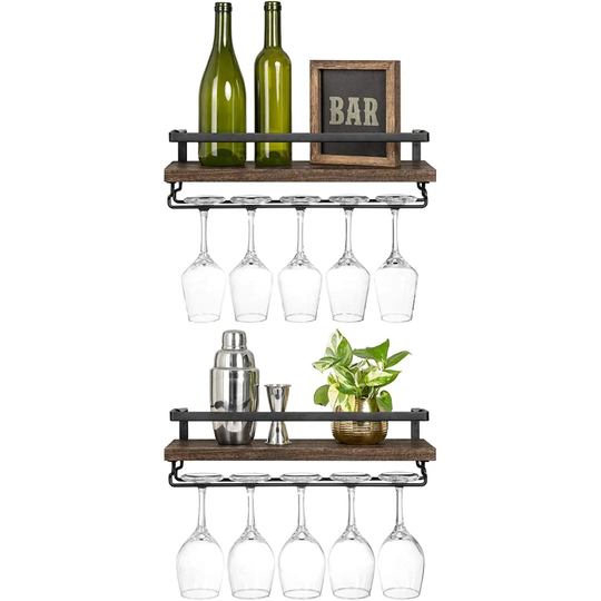 Wall Mounted Wine Shelves Set Of 2 Wood Rustic Wine Bottle Glass Floating Racks With Stemware Hanger Modern Plants Photos Wine Display Storage Holder