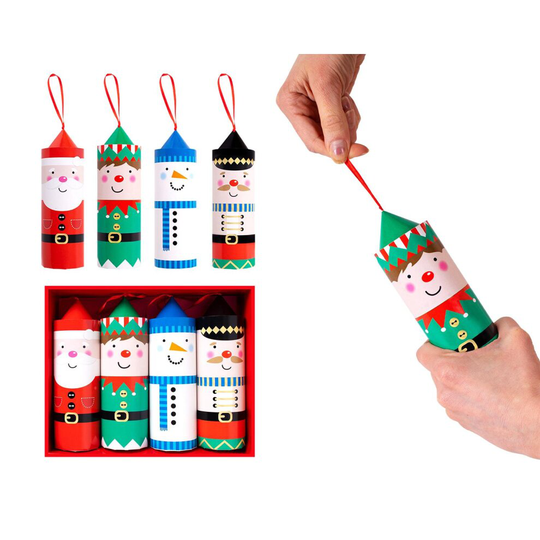 4 Pull Pop Christmas Crackers Santa Elf Nutcracker Gifts Origami Snaps Hats Set